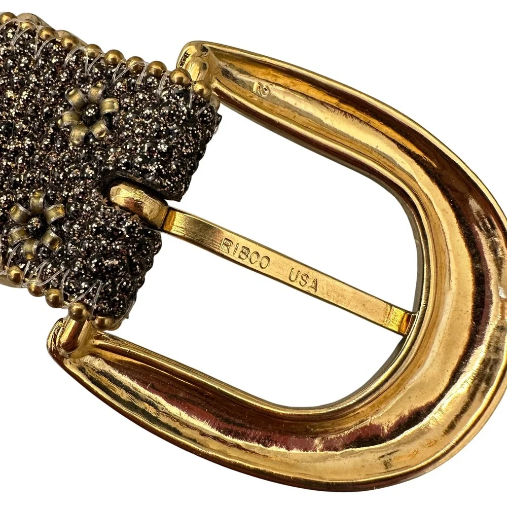 Vintage 80s Beaded Belt M Gold Bronze Metallic Leather Glam Maximalist